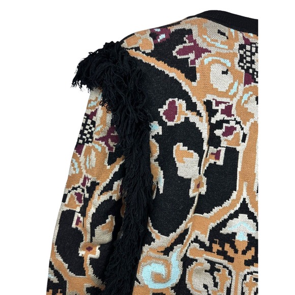 Ronny Kobo Pullover Sweater Sz XS Long Sleeve Fringe Black Brown White Viscose - Picture 3 of 7